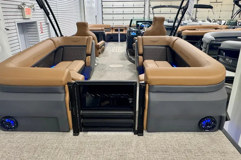 Slide: The Image of 2026 Bennington 26 MFBSF pontoon boat interior with luxurious seating and modern design. - 37