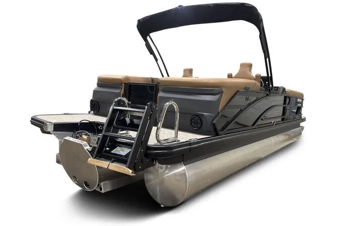 Slide: The Image of 2026 Bennington 26 MFBSF pontoon boat with sleek black design and tan seating. - 7