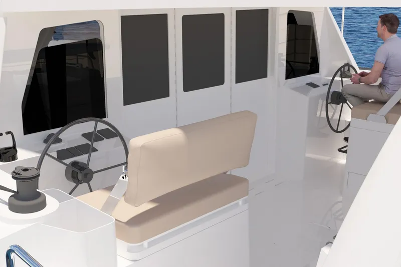 Slide: The Image of 2026 Seawind 1270 yacht cockpit with dual steering wheels and beige seating. - 11