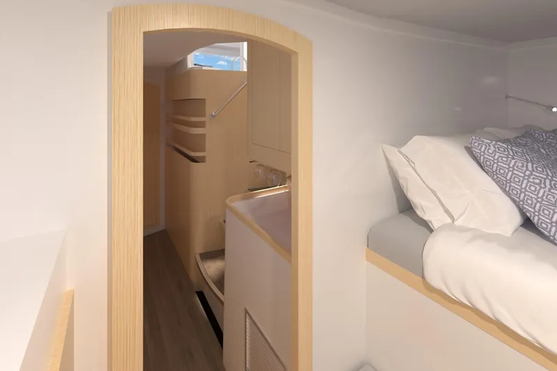 Slide: The Image of 2026 Seawind 1270 interior cabin with modern design and cozy bedding. - 26