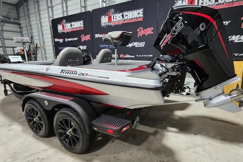Slide: The Image of 2026 Triton 20XP Patriot boat in showroom, featuring sleek design and powerful engine. - 4