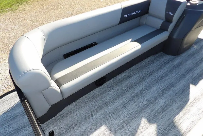 Slide: The Image of 2026 Bennington S L-Bench 22 SL boat seating, featuring sleek gray upholstery. - 16