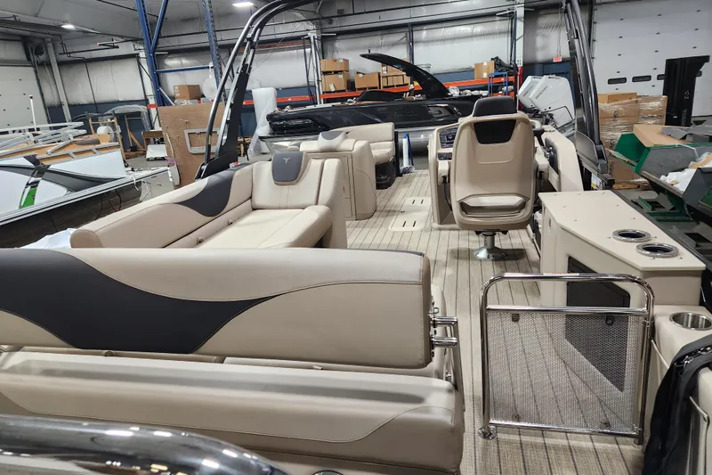 Slide: The Image of 2026 Avalon LSZ Cruise Rear Bench boat interior with luxurious seating and modern design. - 15