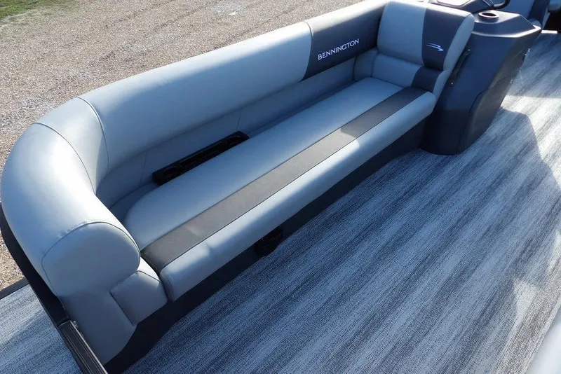 Slide: The Image of 2026 Bennington S L-Bench 22 SL boat seating, featuring sleek gray upholstery. - 14
