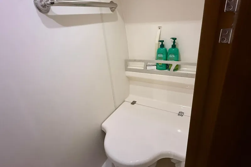 Slide: The Image of Bathroom interior of 2011 Tiara Yachts 4500 Sovran with toiletries on shelf. - 74