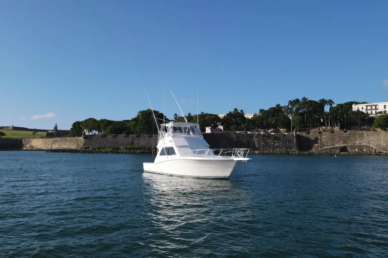 Slide: The Image of 1999 Viking 43 Convertible yacht on calm water near historic stone wall. - 3