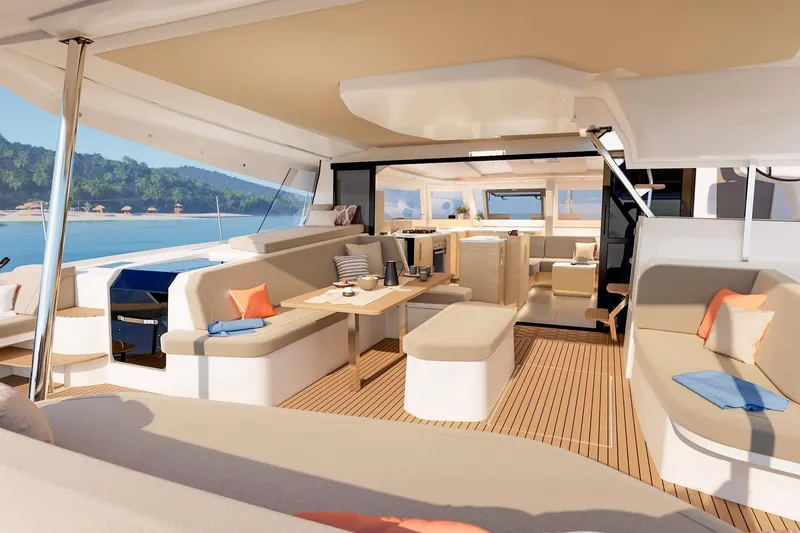 Slide: The Image of Luxurious 2026 Fountaine Pajot 48 yacht interior with beach view, featuring elegant seating and dining area. - 18
