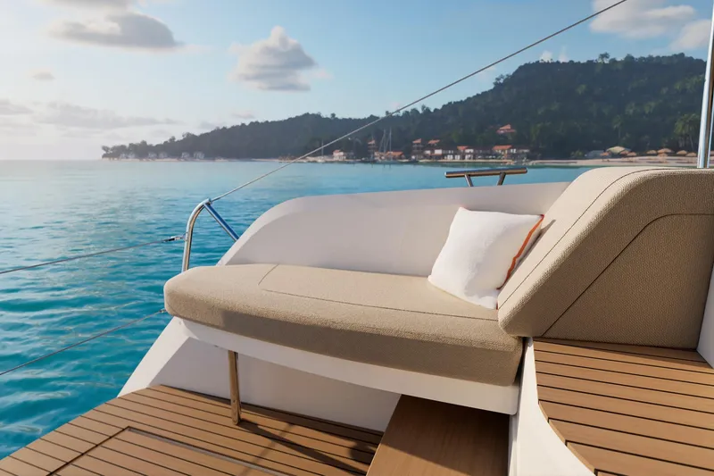 Slide: The Image of Luxurious 2026 Fountaine Pajot 48 catamaran interior with elegant seating and ocean view. - 19