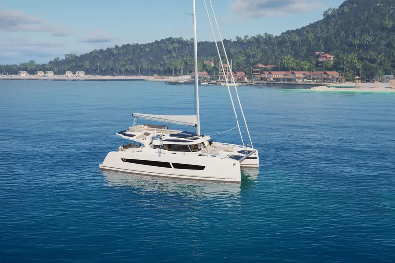 Slide: The Image of 2026 Fountaine Pajot 48 catamaran sailing near tropical beach with lush greenery. - 39