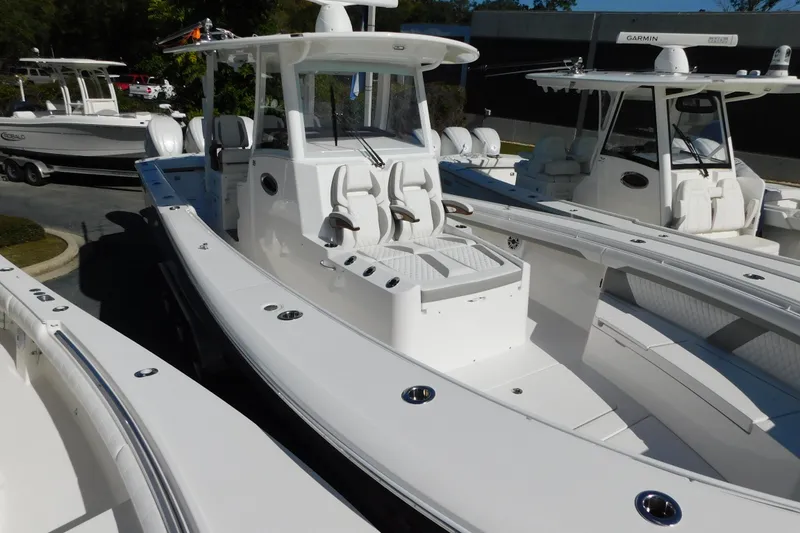 Slide: The Image of 2026 Regulator 35 boat with sleek white design and spacious deck layout. - 81