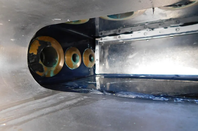 Slide: The Image of Interior view of a 2026 Regulator 35 boat, showcasing metallic components and design. - 90