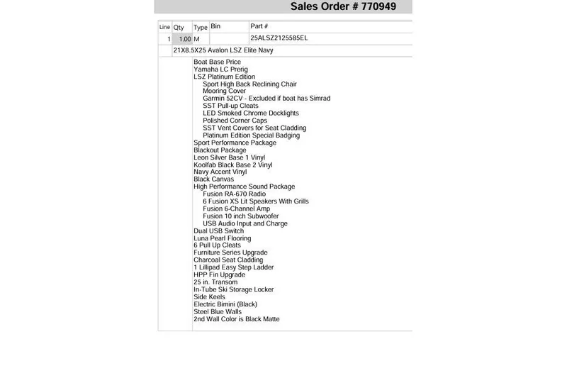 Slide: The Image of Sales order for 2026 Avalon LSZ ELITE boat with detailed features and specifications. - 11