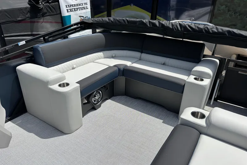 Slide: The Image of Luxurious seating area on 2026 Avalon LSZ ELITE boat with cup holders and premium upholstery. - 8