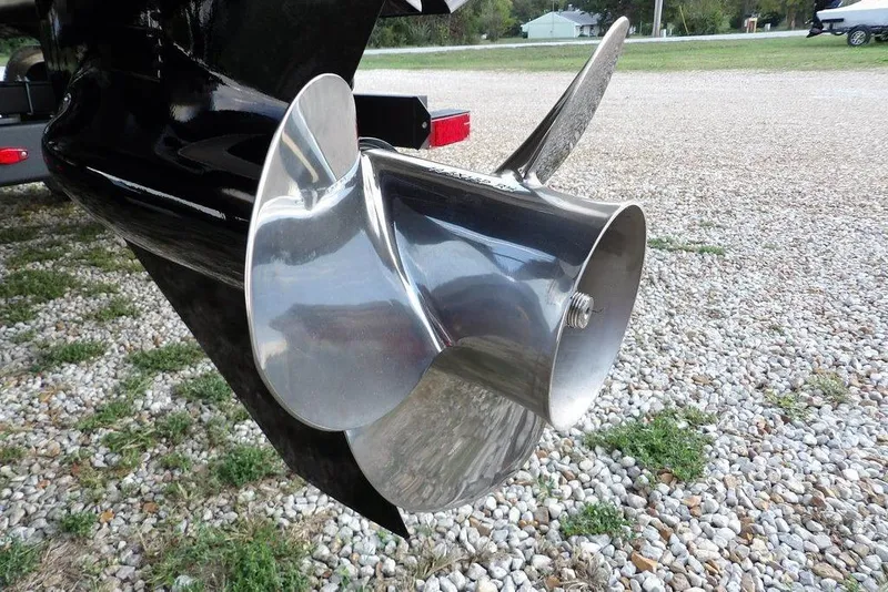 Slide: The Image of Close-up of a 2026 Bennington S Quad Bench 22 SSR boat propeller. - 50