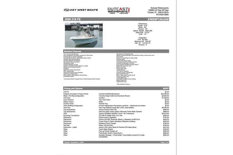 Slide: The Image of 2026 Key West 219 FS boat specifications and pricing details from Outcast Watersports. - 2