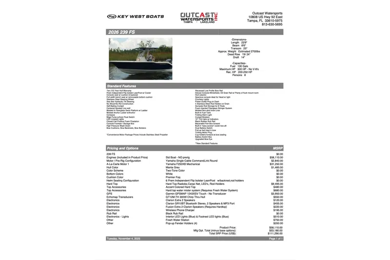 Slide: The Image of 2026 Key West 239 FS boat with Yamaha 250 engine, displayed outdoors. - 2