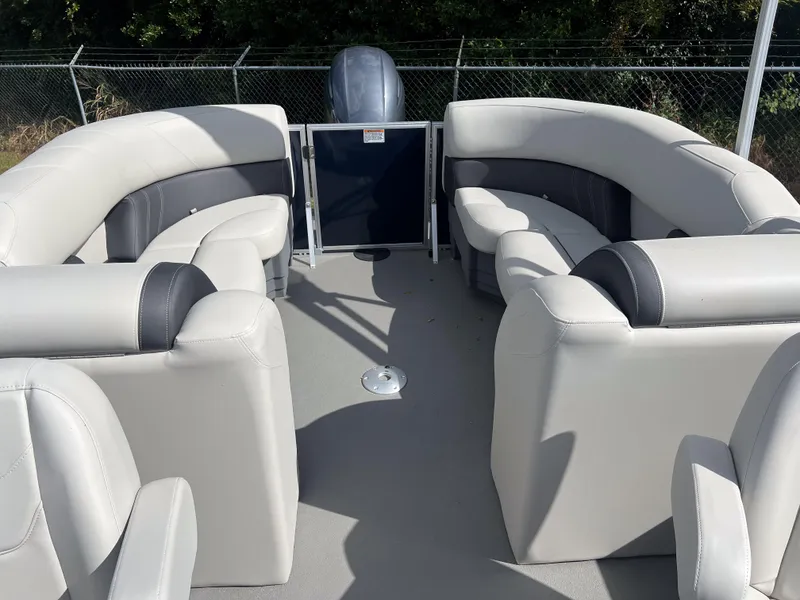Slide: The Image of 2025 Sylvan Mirage 822 LZ pontoon boat with spacious seating and modern design. - 11