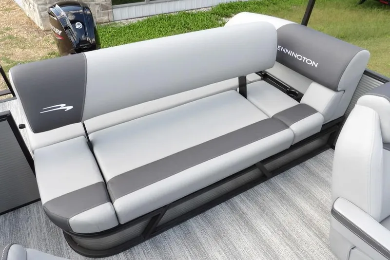 Slide: The Image of 2026 Bennington S Swingback 21 SSB boat interior with gray seating and modern design. - 29