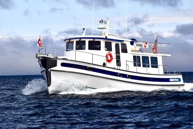 The Image of 2006 Nordic Tug 42 cruising on open water, displaying sleek design and vibrant colors. - 1