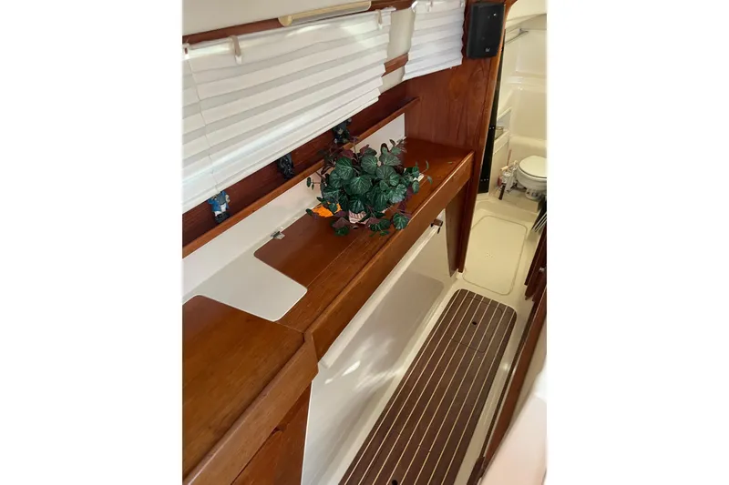 Slide: The Image of Interior of 2009 PCI 105 MC boat with wooden cabinetry and potted plant. - 26