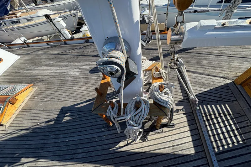 Slide: The Image of Deck of 1979 Formosa 51 sailboat with ropes and winch. - 19