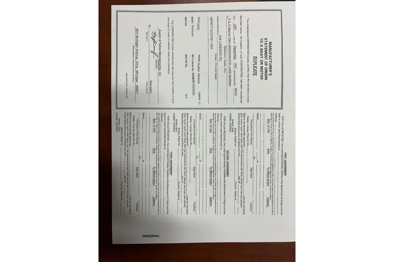 Slide: The Image of Manufacturer's statement of origin document for Avalon Venture Cruise Rear Bench, 2025 model. - 11