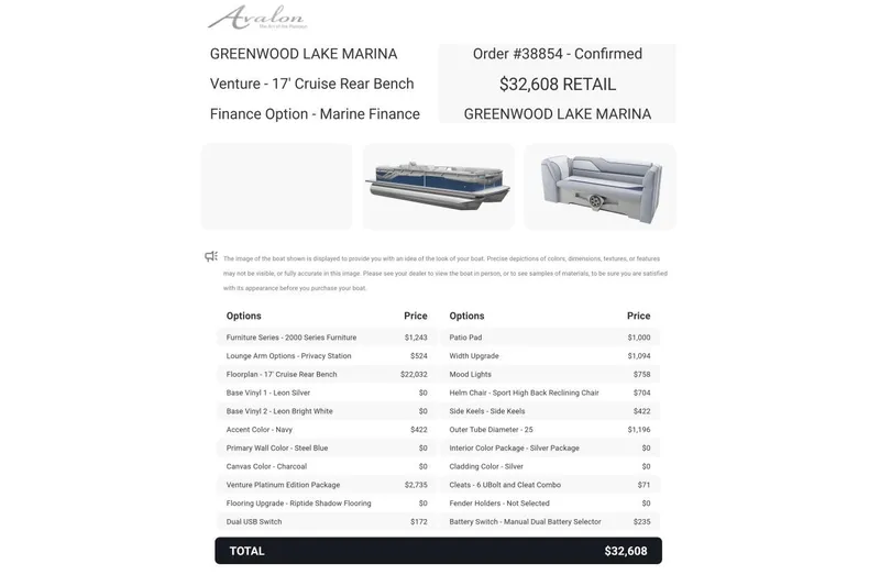 Slide: The Image of ```plaintext Avalon Venture Cruise Rear Bench 2025 order details with pricing and options list. ``` - 15