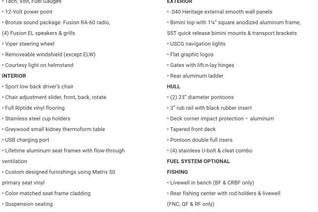 Slide: The Image of 2025 Avalon Venture Cruise Rear Bench features list, including interior, exterior, hull, and optional fishing system. - 16