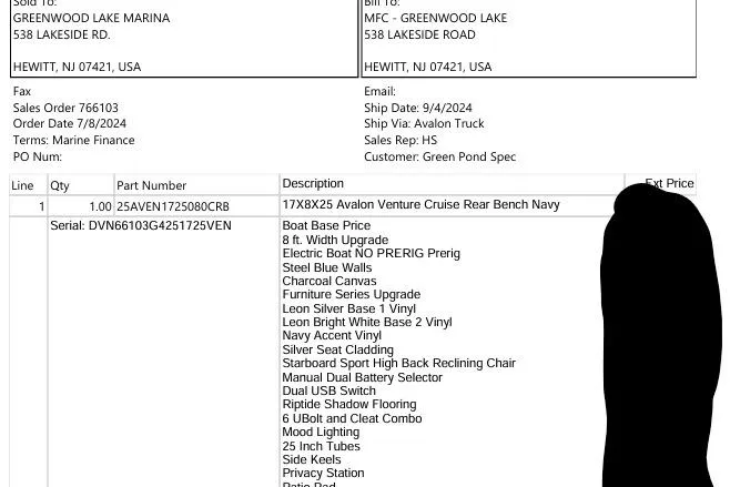 Slide: The Image of Invoice for 2025 Avalon Venture Cruise Rear Bench with detailed specifications and customer information. - 22