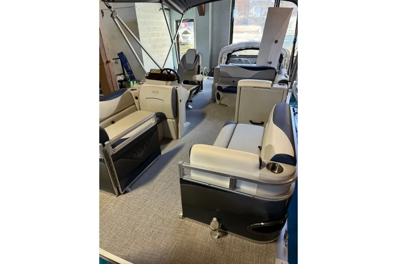 Slide: The Image of 2025 Avalon Venture Cruise Rear Bench interior with luxurious seating and modern design. - 5