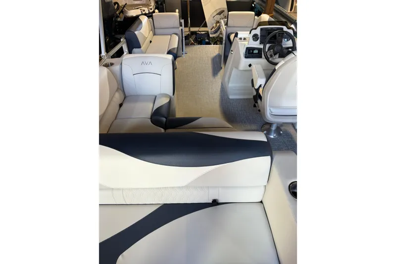 Slide: The Image of 2025 Avalon Venture Cruise Rear Bench interior with luxurious seating and modern dashboard design. - 8