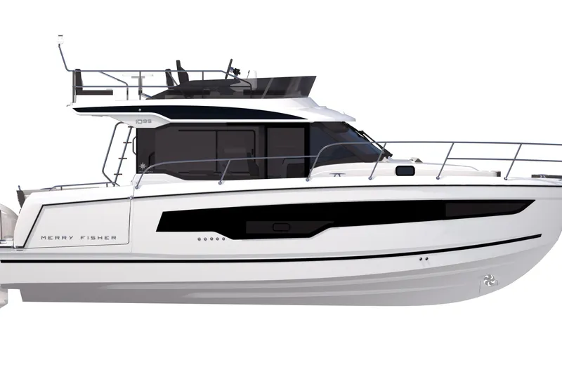 Slide: The Image of 2026 Jeanneau NC 1095 Fly Series 2 boat, side view, sleek design, white hull. - 26