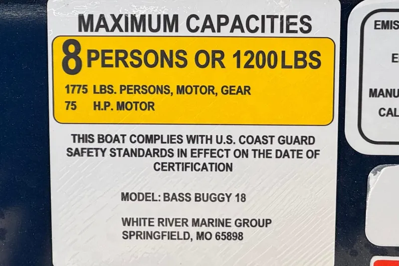 Slide: The Image of 2023 Sun Tracker Bass Buggy 18 DLX capacity label: 8 persons, 1200 lbs, 75 HP motor. - 29