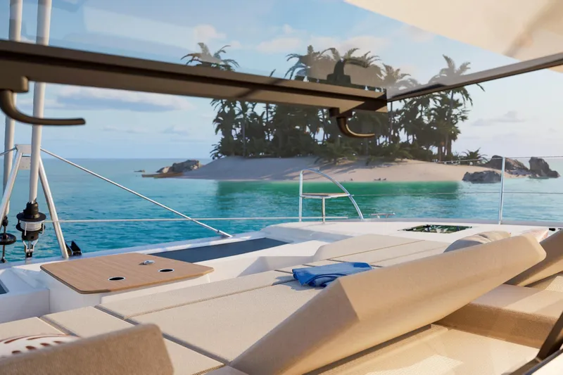 Slide: The Image of Luxurious Fountaine Pajot 48 yacht, 2026 model, overlooking a tropical island paradise. - 28