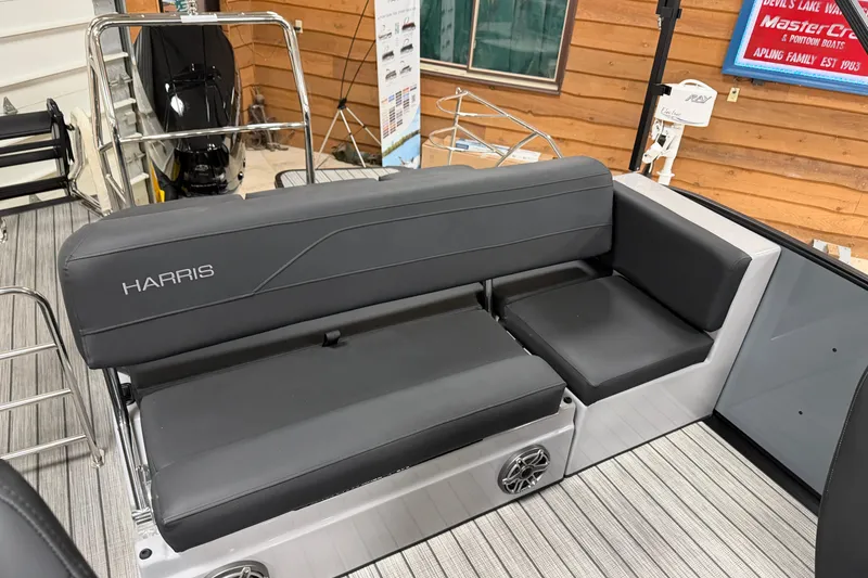Slide: The Image of 2026 Harris Grand Mariner 250 boat interior with sleek seating and modern design. - 10