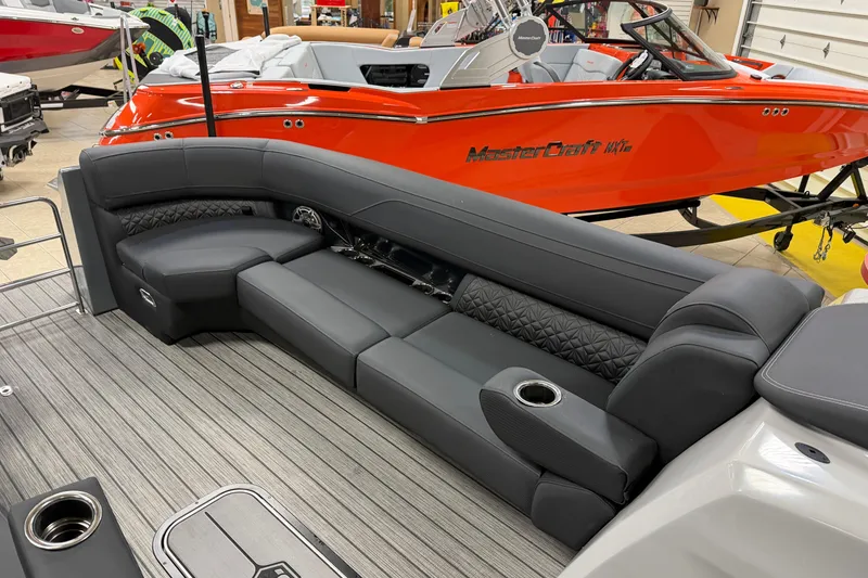 Slide: The Image of 2026 Harris Grand Mariner 250 interior with sleek seating and modern design. - 6