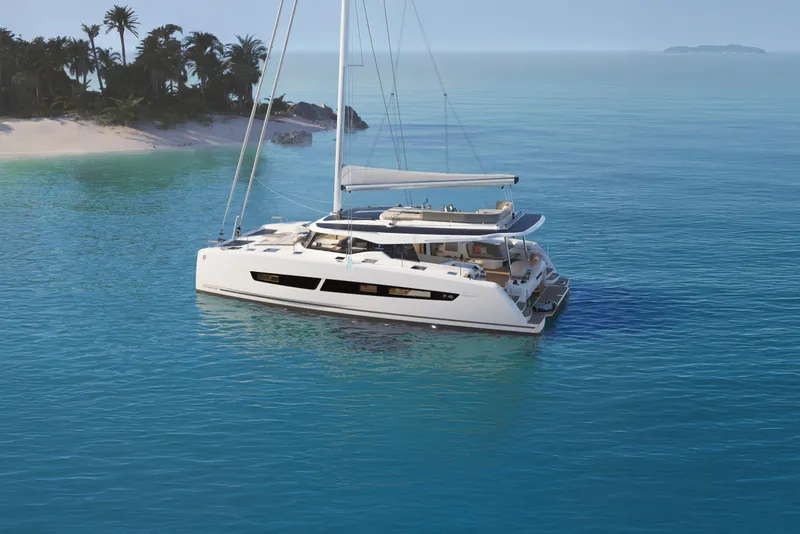 The Image of 2026 Fountaine Pajot 48 catamaran sailing near tropical island with clear blue waters. - 0