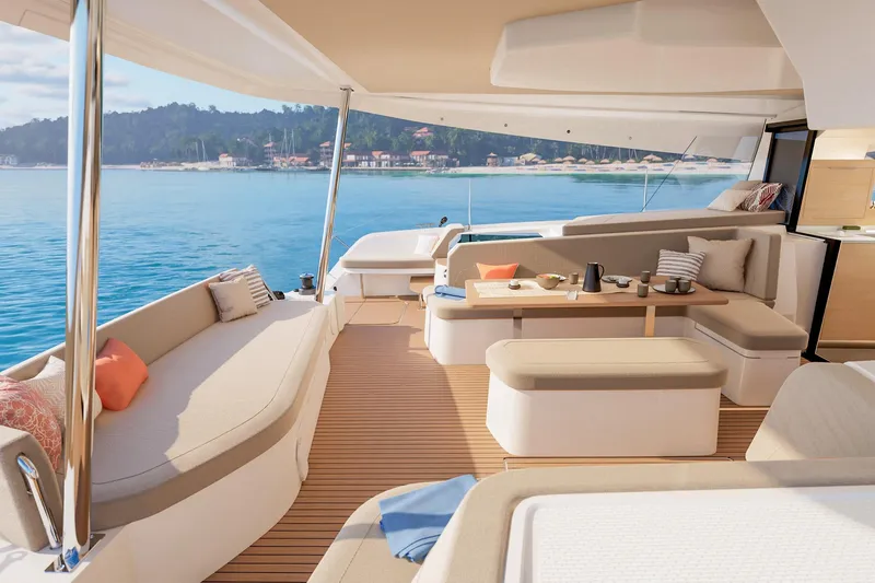 Slide: The Image of Luxurious 2026 Fountaine Pajot 48 yacht interior with elegant seating and ocean view. - 13