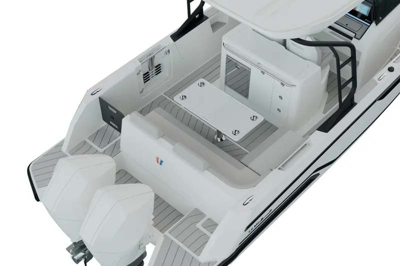Slide: The Image of 2026 Wellcraft 28 T-Top boat on calm ocean waters, side view. - 1