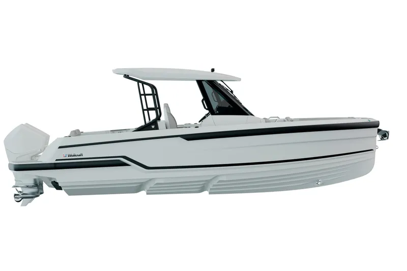 Slide: The Image of 2026 Wellcraft 28 T-Top boat, sleek design, side view, white hull, modern features. - 11
