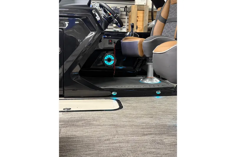 Slide: The Image of Interior of 2026 Viaggio Diamante 24S boat with modern seating and illuminated controls. - 36