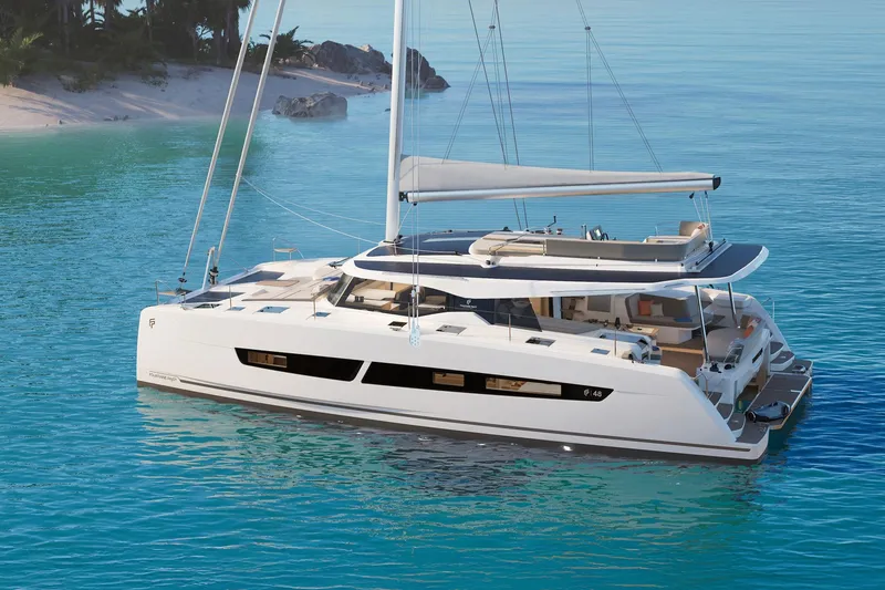 Slide: The Image of 2026 Fountaine Pajot 48 catamaran sailing in turquoise waters near a tropical island. - 35