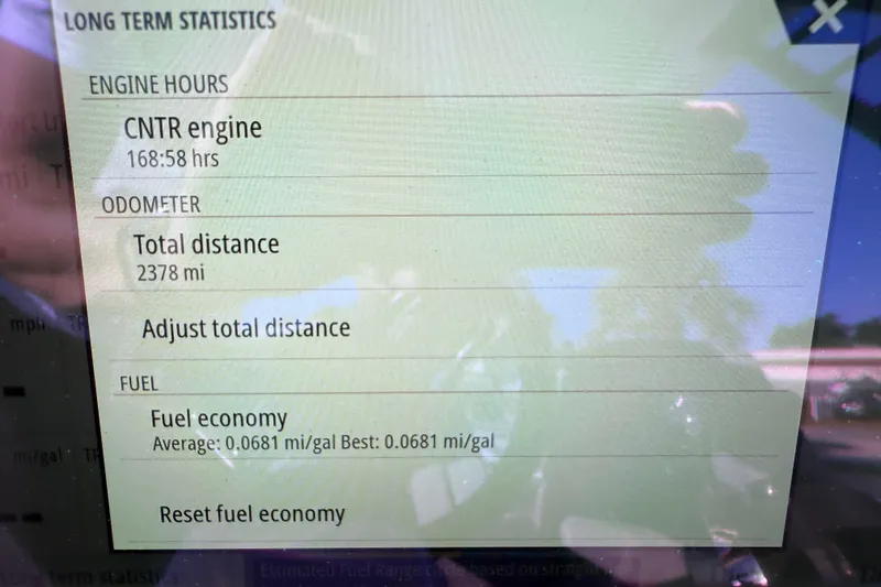 Slide: The Image of Display showing Axopar 22's engine hours, odometer, and fuel economy statistics. - 24