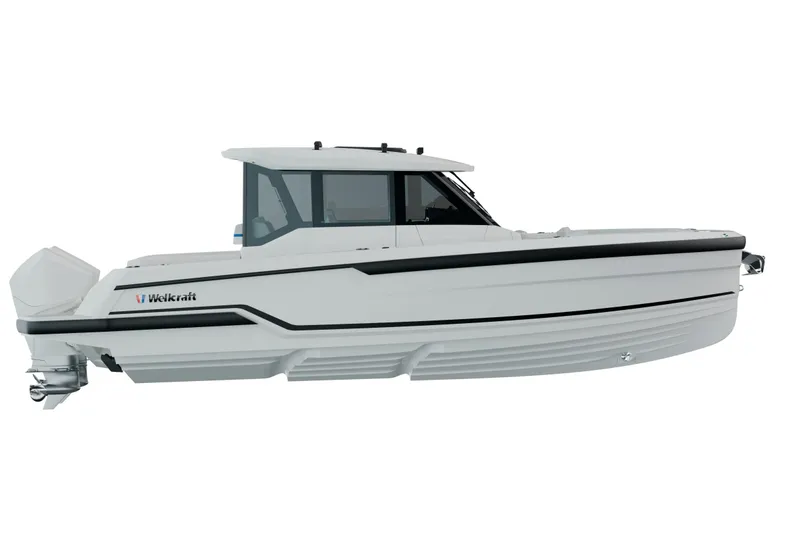 Slide: The Image of 2026 Wellcraft 28 Explorer boat cruising on open water, showcasing sleek design and performance. - 1
