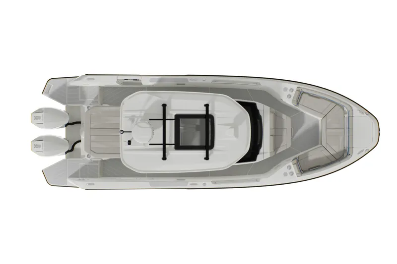Slide: The Image of 2026 Wellcraft 28 Explorer boat on calm blue water, showcasing sleek design and modern features. - 2