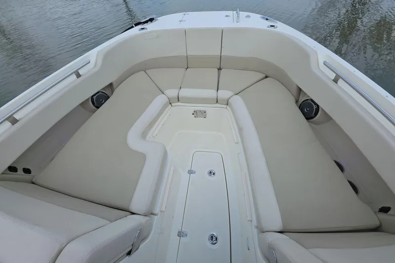 Slide: The Image of 2018 Boston Whaler 320 Vantage boat interior with spacious seating and sleek design. - 24