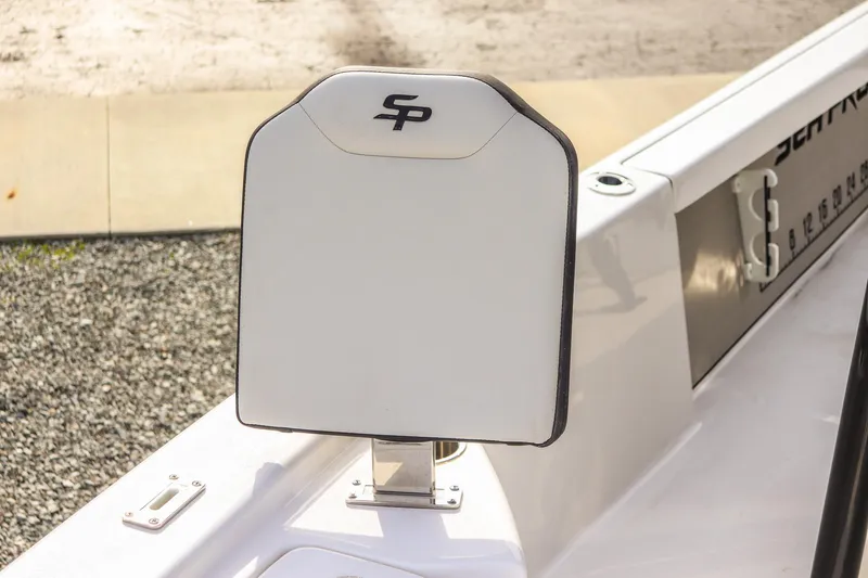 Slide: The Image of 2026 Sea Pro 230 Bay boat seat with logo, featuring sleek white design. - 23