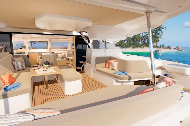 Slide: The Image of Luxurious 2026 Fountaine Pajot 48 yacht interior with beach view, featuring elegant seating and dining area. - 18