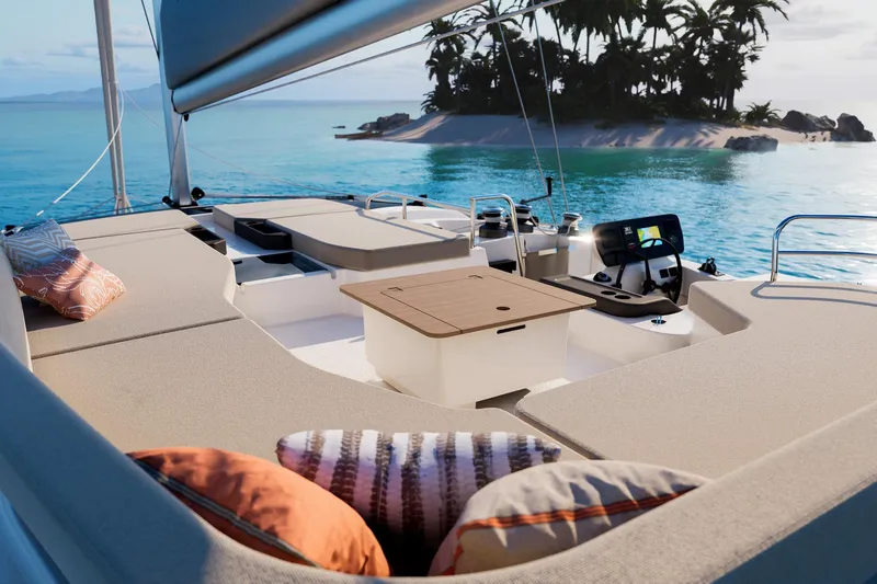 Slide: The Image of Luxurious 2026 Fountaine Pajot 48 yacht with elegant deck, tropical island view. - 24