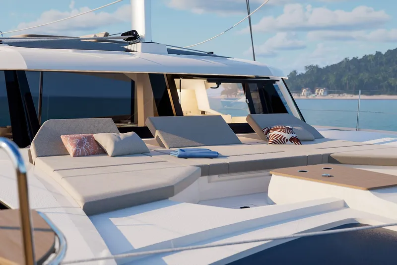 Slide: The Image of Luxurious 2026 Fountaine Pajot 48 yacht with elegant deck seating and ocean view. - 29